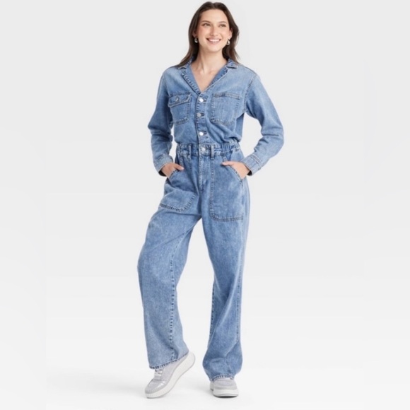 Universal Thread Pants - Soft Denim Jumpsuit Metal Buttons Zip Fly Elastic Waist Wide Legs Trendy Utility